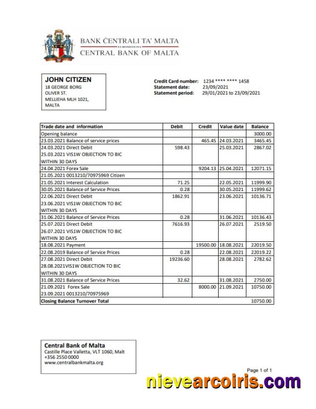 Malta Central Bank of Malta bank statement easy to fill in Excel and PDF format